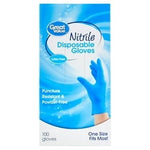 Front-facing Great Value box for blue nitrile disposable gloves with hand image and product name
