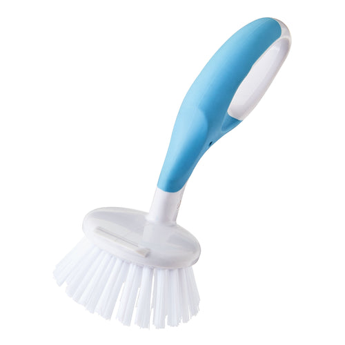 Blue and white handheld dish scrubber with non-slip loop handle and round white bristle head on white background