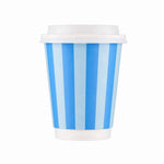 Single Great Value insulated paper hot cup with white lid featuring vertical light and medium blue stripes on a white background