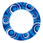 Top view of a Great Value paper plate with blue concentric swirl pattern around a white center