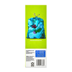 Close-up of a tied blue trash bag filled with contents against a bright green background from Great Value packaging