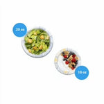 Two disposable bowls shown from above with food; one labeled 20 oz containing salad and a smaller plate labeled 10 oz with fruit and granola.