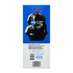 Rear panel of Great Value Strong Flex box showing tied black bag illustration, barcode and assembled-in-USA label
