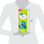 Product dimensions graphic showing Great Value 30-gallon blue drawstring box overlayed on a torso silhouette with measurements