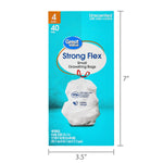 Product box image with measurement overlay showing Great Value Strong Flex small drawstring bag box dimensions of 7 by 3.5 inches