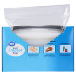 Top-open Great Value box dispenses clear quart freezer bags through serrated opening