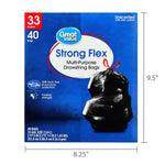 Product image of Great Value Strong Flex box with dimensions overlay, blue packaging and tied black bag graphic