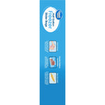 Tall narrow blue side panel of Great Value freezer bags box with brand name, product title and usage icons