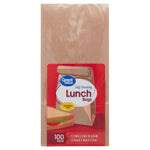 Packaged Great Value brown kraft self-standing lunch bags with red label showing product name and sandwich graphic.