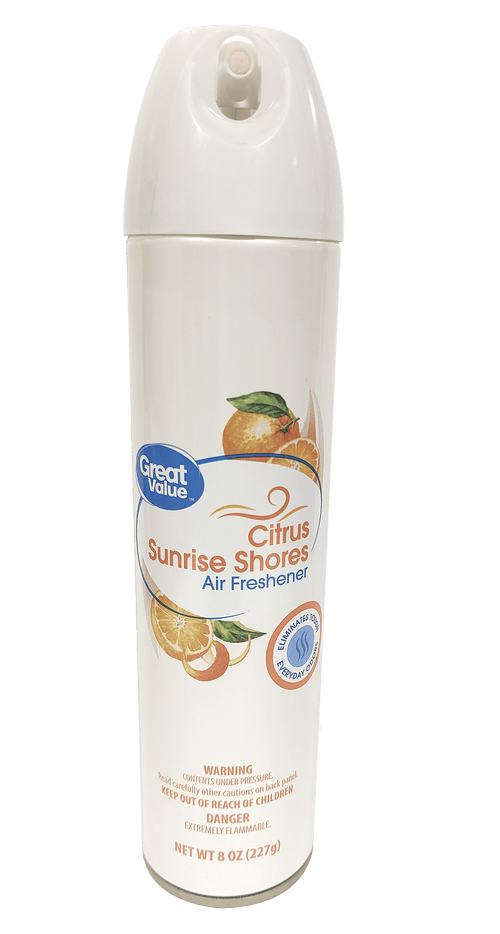 Tall white aerosol can of Great Value Citrus Sunrise Shores air freshener with orange fruit graphics and spray nozzle