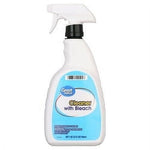 White trigger spray bottle labeled Great Value Cleaner with Bleach with a blue front label and white nozzle.