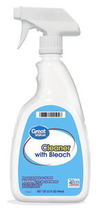 White spray-bottle of Great Value Cleaner with Bleach showing blue product label and trigger top.