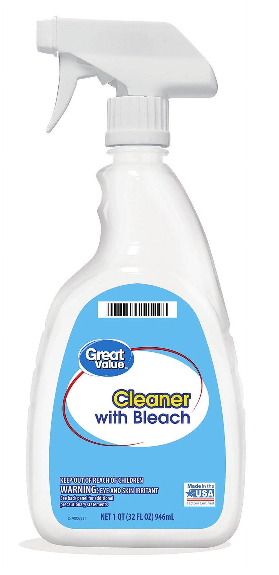 White spray-bottle of Great Value Cleaner with Bleach showing blue product label and trigger top.