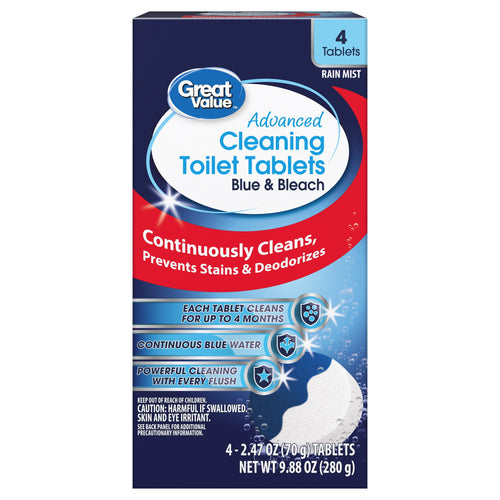 Front-facing Great Value box for Advanced Cleaning Toilet Tablets with blue and red branding and product callouts