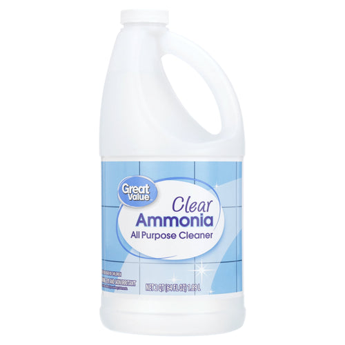 White jug of Great Value Clear Ammonia all-purpose cleaner with blue tiled label