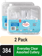 Two clear plastic clamshell trays of assorted clear disposable forks, knives and spoons with a blue Great Value label