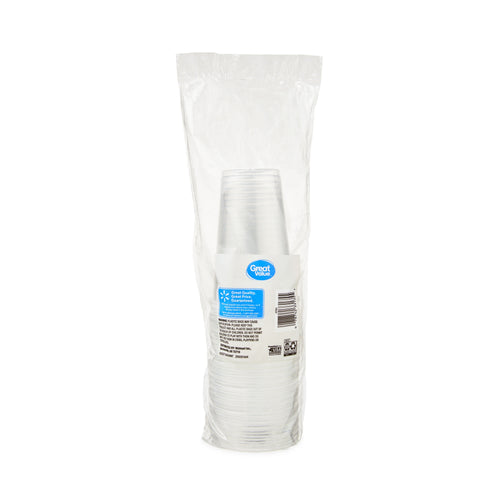 Rear view of a tall clear plastic sleeve of Great Value clear disposable cups showing product label and barcode.