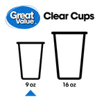 Graphic comparing two cup silhouettes labeled 9 oz and 16 oz with the Great Value logo and 'Clear Cups' text