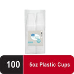 Clear stacked disposable plastic cups in retail packaging with Great Value label and 100 count badge