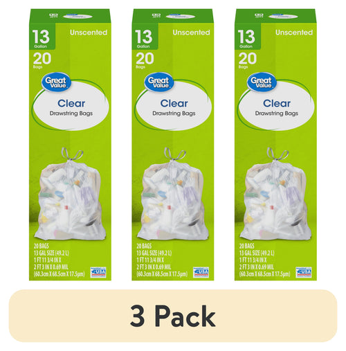 Three identical Great Value clear drawstring trash bag boxes shown side-by-side on a white background
