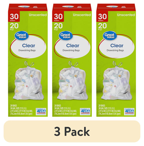 Three identical green Great Value clear drawstring trash bag boxes shown side by side