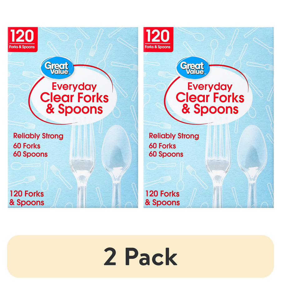 Two side-by-side Great Value boxes showing Everyday Clear Forks & Spoons packaging and 2 Pack label