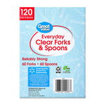 Back of Great Value Everyday Clear Forks & Spoons box showing product info, barcode and certification icons