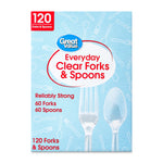 Front view of Great Value Everyday Clear Forks & Spoons box with blue patterned background and utensil images