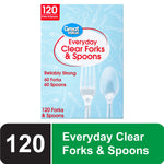 Single Great Value Everyday Clear Forks & Spoons box with 120 count branding and green feature label