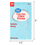 Front of Great Value Everyday Clear Knives box with overlaid dimension markers showing width and height