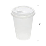 Clear disposable plastic cup with sip lid shown on white background with a 5" height dimension marker