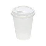 Clear disposable plastic cup with a clear sip lid photographed on white background