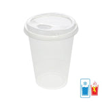 Single clear disposable plastic cup topped with a clear sip lid on a white background with small cold-hot use icons