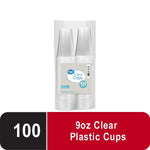 Clear stacked disposable plastic cups in wrapped twin stacks with a Great Value label and 100 callout