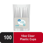 Stacked Great Value clear disposable plastic cups in labeled packaging showing brand and 100 count badge