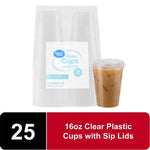 Clear stacked Great Value plastic cups in retail bag with label and one filled cup with lid placed beside them