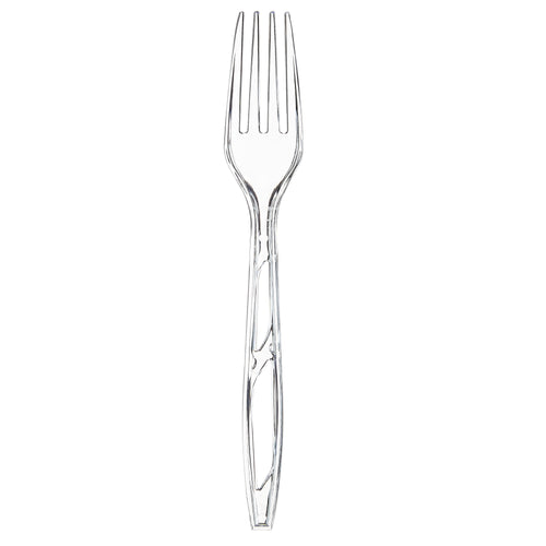 Single clear plastic fork on a white background showing the full handle and four tines