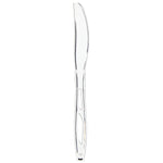 Single clear plastic serrated knife photographed on a white background showing handle and blade details