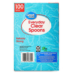 Back of Great Value Everyday Clear Spoons blue box showing barcode, recycling and BPA free icons