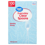 Close-up front view of Great Value Everyday Clear Spoons blue packaging showing logo and spoon artwork