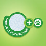 Graphic showing close-up texture of cloth with green circle and paw icon labeled traps dust, dirt & pet hair