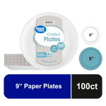 Packaged Great Value branded coated white paper plates with label showing 9 inches and 100 count