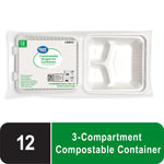 Packaged Great Value compostable hinged 3-compartment white takeout containers with label