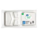 Top-down view of Great Value compostable hinged 3-compartment white takeout container with label