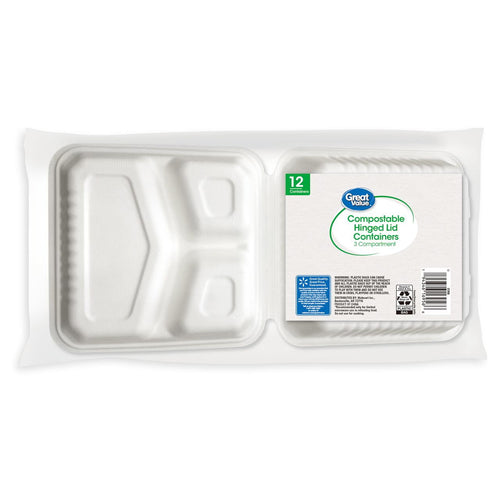 Top-down view of Great Value compostable hinged 3-compartment white takeout container with label