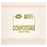 Close-up translucent Great Value compostable gallon bag with green ‘COMPOSTABLE Gallon Bag’ print and label box