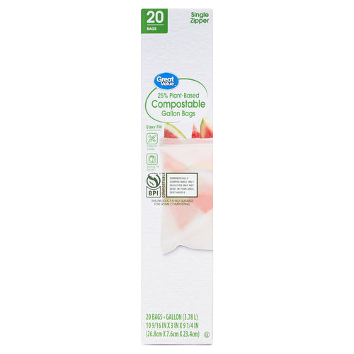 Single vertical Great Value compostable gallon bag box showing label, BPI logo and faint bag image