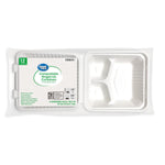Packaged Great Value compostable hinged 3-compartment white containers shown with label and empty tray