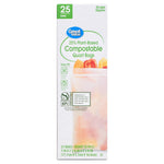 Single tall box of Great Value 25% plant-based compostable quart bags with product copy and imagery