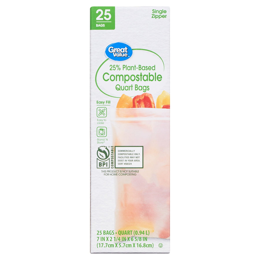 Single tall box of Great Value 25% plant-based compostable quart bags with product copy and imagery